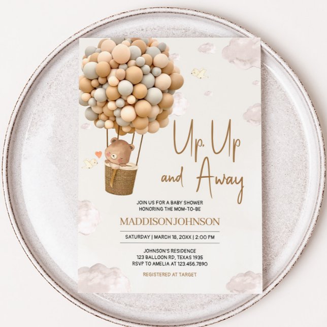 Neutraler Heißluftballon Auf- und Abfahrt Babydusc Einladung (Up and Away Hot Air Balloon Baby Shower Invitation)