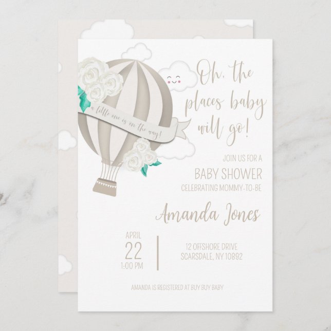 Neutraler Heißluftballon mit Rose-Dusche Einladung (Vorne/Hinten)