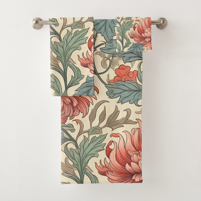 Neutraler Hintergrund mit farbenfroher rosa Retro- Badhandtuch Set (Insitu)