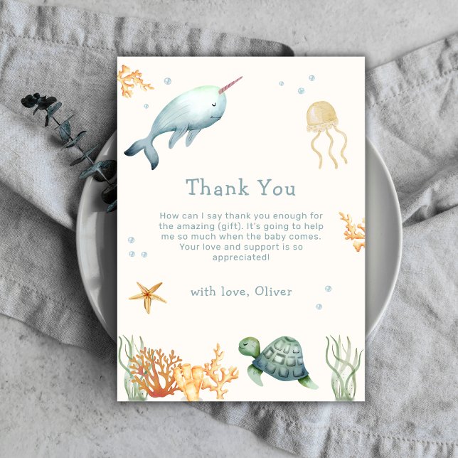 Neutraler Minimalwert unter der Whale-Babydusche Dankeskarte (Neutral Minimal Under The Sea Whale Baby Shower Thank You Card)