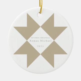 Neutraler Streifen Quilt Star mein erstes Weihnach Keramik Ornament