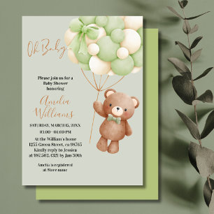 Neutraler Teddybär Oh Baby Grüner Luftballon Baby Einladung