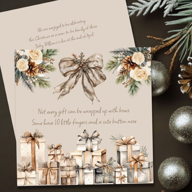 Neutraler Weihnachtsschwangerschaft Gedicht Brown  Feiertagskarte (Cute Poem Rustic Christmas Card Pregnancy Announcement by Darling & May)