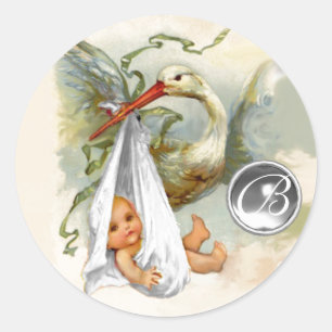NEUTRALER WEISSER STORCH BABY SHOWER EDELSTEIN MON RUNDER AUFKLEBER
