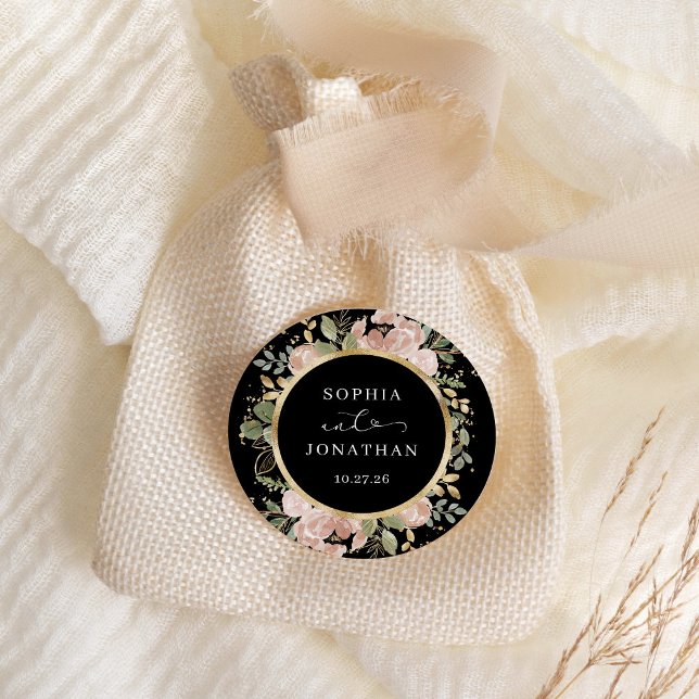 Neutrales Aquarellgoldfarben und schwarz | Hochzei Runder Aufkleber (An elegant, dark black wedding sticker with neutral watercolor flowers and gold)