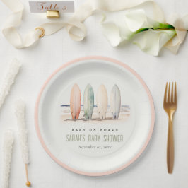 Neutrales Baby an Bord Surfbrett Babydusche Pappteller