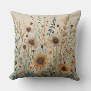 Neutrales Beige Blau Braun Wildblumen Druck Kissen