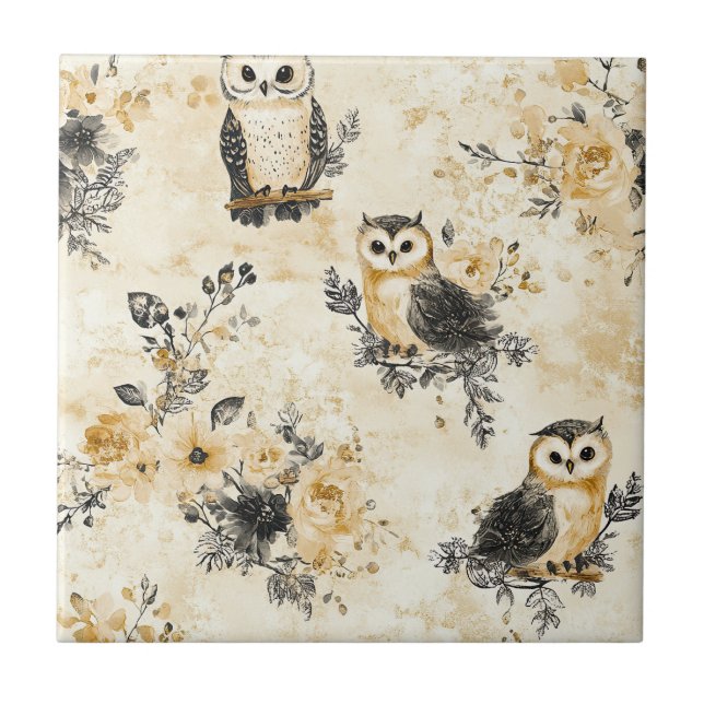 Neutrales Beige-Eulen-Blumen-Botanik-Muster Fliese (Vorderseite)