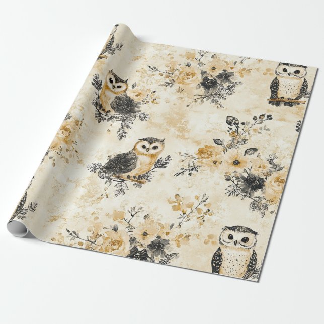 Neutrales Beige-Eulen-Blumen-Botanik-Muster Geschenkpapier (Ungerollt)