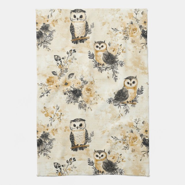 Neutrales Beige-Eulen-Blumen-Botanik-Muster Geschirrtuch (Vertikal)