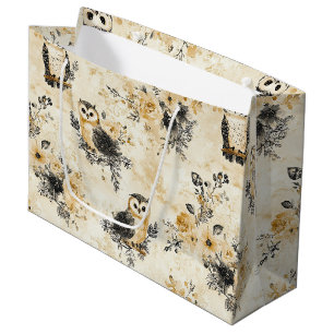 Neutrales Beige-Eulen-Blumen-Botanik-Muster Große Geschenktüte