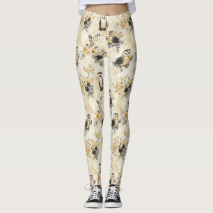 Neutrales Beige-Eulen-Blumen-Botanik-Muster Leggings