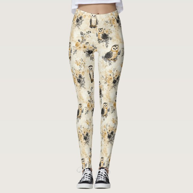 Neutrales Beige-Eulen-Blumen-Botanik-Muster Leggings (Vorderseite)