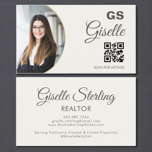 Neutrales Beige-Foto-Monogramm-Realtor-QR-Code Visitenkarte