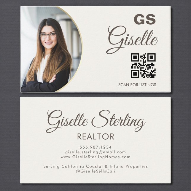 Neutrales Beige-Foto-Monogramm-Realtor-QR-Code  Visitenkarte (Von Creator hochgeladen)