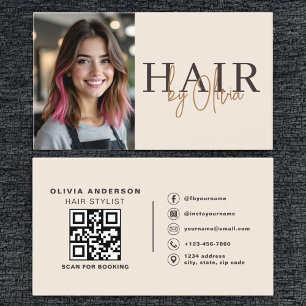 Neutrales Beige-Friseur-Foto-QR-Code Visitenkarte