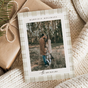 Neutrales Beige-Gingham-Familienfoto-Weihnachten  Feiertagskarte