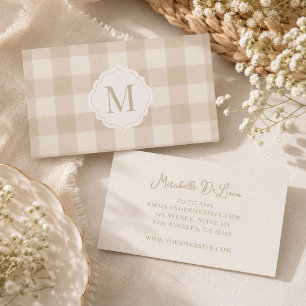 Neutrales Beige Gingham Monogramm Visitenkarte
