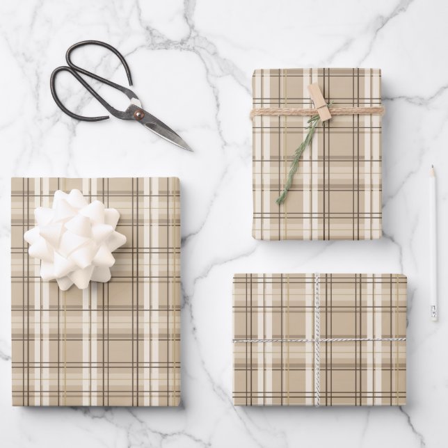 Neutrales Beige Karo Tartan Geschenkpapier Set (Vorderseite)
