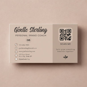 Neutrales Beige-QR-Code-Monogramm Social Media Visitenkarte