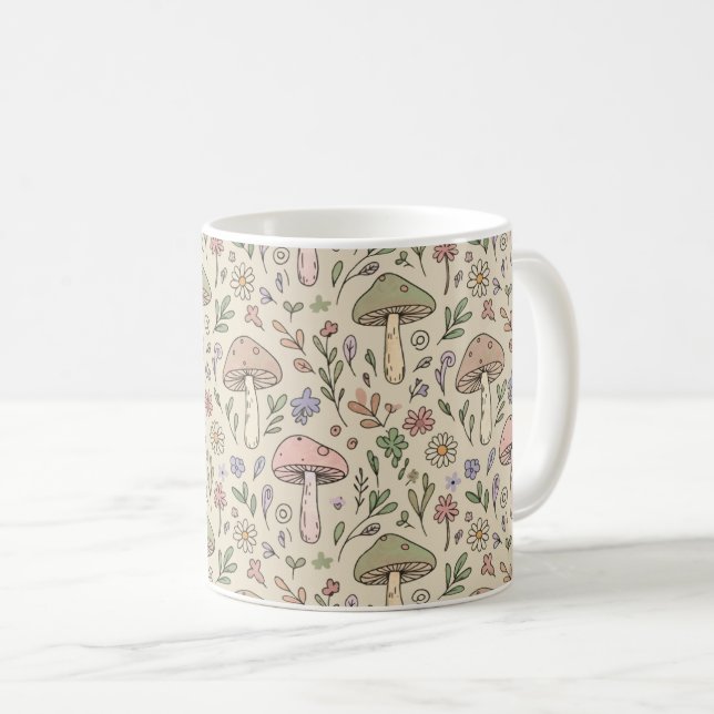 Neutrales Beiges Erdige Pilze Nahtloses Muster Kaffeetasse (VorderseiteRechts)