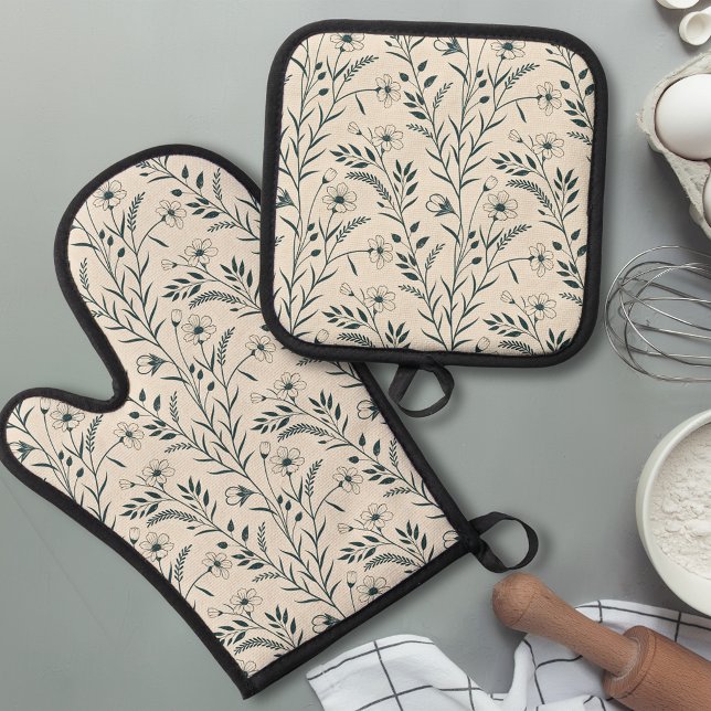 Neutrales Boho-Botanik-Design Ofenhandschuh & Topflappen-Set (Von Creator hochgeladen)