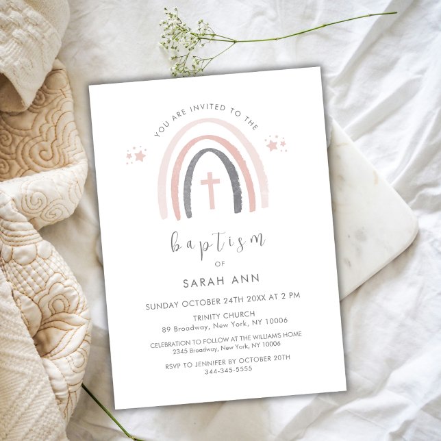 Neutrales Boho-Rainbow-Cross-Taufen Einladung (Gender Neutral Boho Rainbow Cross Baptism Invitation)