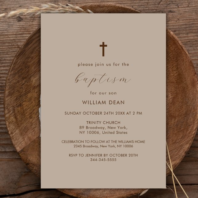 Neutrales, einfaches Skript Boho Cross Taufe Einladung (Gender Neutral Simple Script Boho Cross Baptism Invitation)