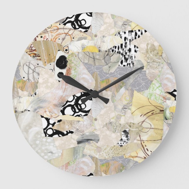 Neutrales Elegantes Abstractes Collage-Design Große Wanduhr (Vorderseite)