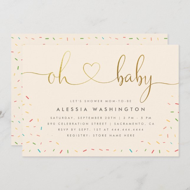 Neutrales, elegantes Gold Script Oh Baby Shower Einladung (Vorne/Hinten)