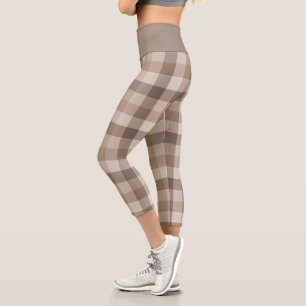 Neutrales Erdbraun Kariertes Gingham Karomuster Capri Leggings