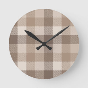 Neutrales Erdbraun Kariertes Gingham Karomuster Runde Wanduhr