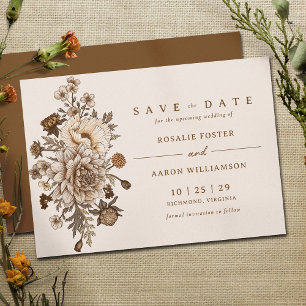 Neutrales erdige Creme + Braun Vintage-Blumenmus Save The Date
