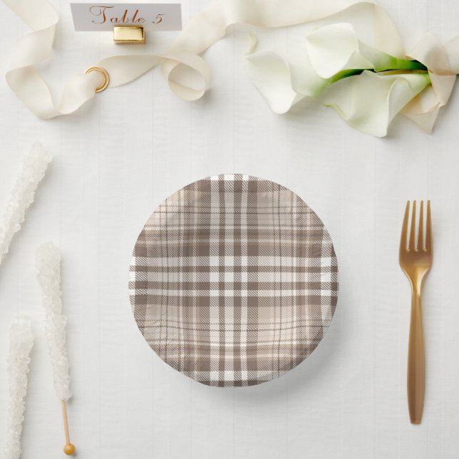 Neutrales Erdtön Plaid Tartan Design  Pappteller (Hochzeit)