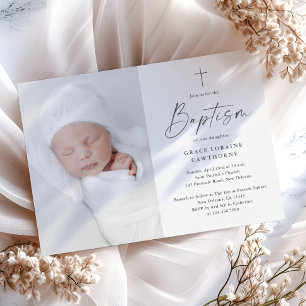 Neutrales Foto-Taufe für moderne Script-Gender Einladung