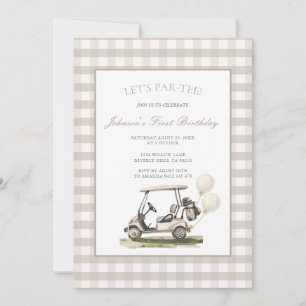 Neutrales Gingham-Golfcart-Jungen-Geburtstag Einladung