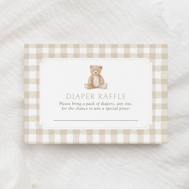 Neutrales Gingham-Teddybär-Windel-Raffle-Ticket Begleitkarte (Von Creator hochgeladen)