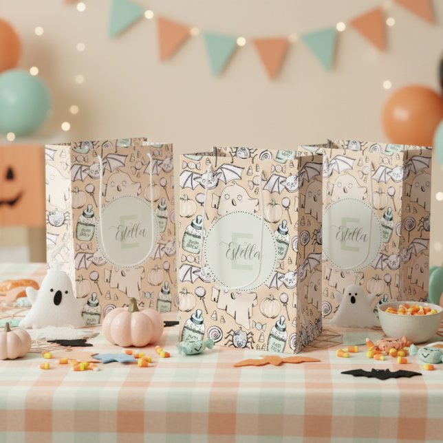 Neutrales Halloween-niedliches Orangengeschlecht Mittlere Geschenktüte (Cute Spooky Halloween Gift Bag for Kids. Gender Neutral Pattern of Baby Ghost, Spider, Pumpkin, Web)
