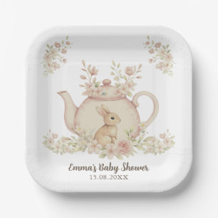 Neutrales Häschen & Blumenteekanne Baby Shower  Pappteller
