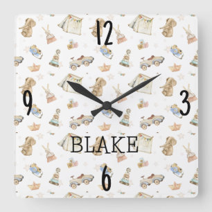 Neutrales Kinderzimmer Aquarell Vintages Spielzeug Quadratische Wanduhr