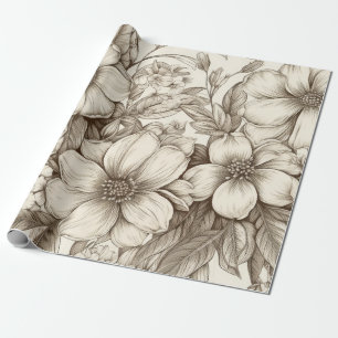 Neutrales Landhaus-Sepia-Blumen-Cream-Botanik Geschenkpapier