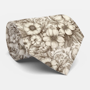 Neutrales Landhaus-Sepia-Blumen-Cream-Botanik Krawatte