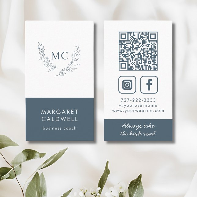 Neutrales Monogramm-Schiefer Visitenkarte (Slate Gray Monogram Wreath Social Media Vertical Business Card)