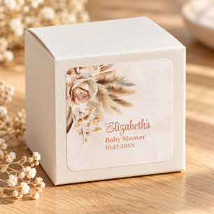 Neutrales Pampas-Rosen-Baby-Shower-Namensdesign Quadratischer Aufkleber