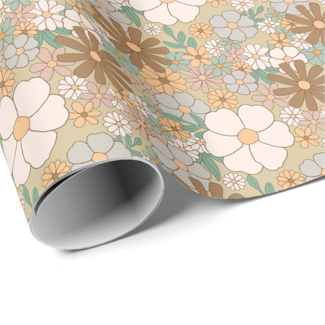 Neutrales Retro-BOHO-Blumenmuster in erdigen Tönen Geschenkpapier (Rolleneckpunkt)