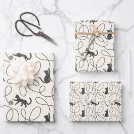 Neutrales Schwarzkatze- und Garnball-Muster Geschenkpapier Set