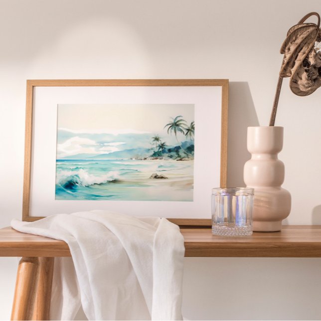 Neutrales Strandfarbenlackieren Poster (Indulge in coastal paradise with a captivating watercolor painting.)