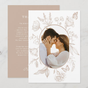 Neutrales Tan Floral Line Art Floral Butterfly Fot Dankeskarte