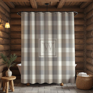Neutrales Tan-Grau-Elfenbein-Raster-Monogramm Duschvorhang