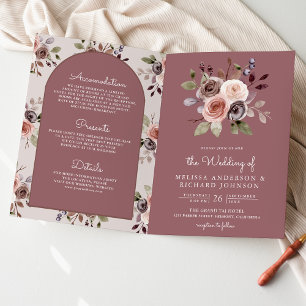 Neutrales Taupe-Blumen-QR-Code Dusty Rose Hochzeit Einladung